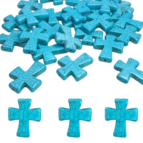 Turquoise Cross Beads for Bracelet Making - 25pcs 30x36mm Natural Semi-Precious Gemstone Loose Spacer Beads for Jewelry, Beading, Earrings & DIY Handmade Crafts - color: Turquoise Cross 30*36mm
