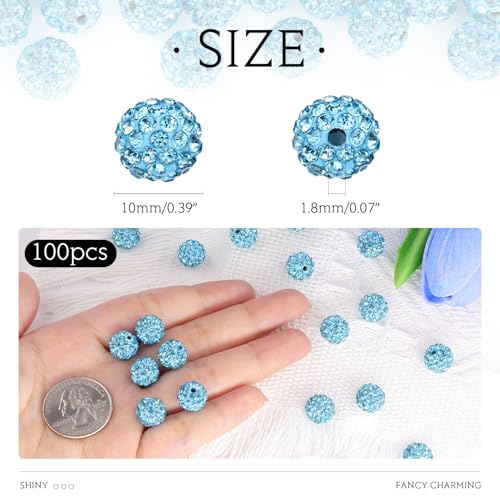 100 Pcs Aquamarine Rhinestone Beads for Jewelry Making, Sparkle Crystal Clay Christmas for Bracelet Baseball Necklace Earring Crafting and DIY, Shiny Round Shamballa Disco Ball Beads Bulk - color: Aquamarine, size: 100 pcs