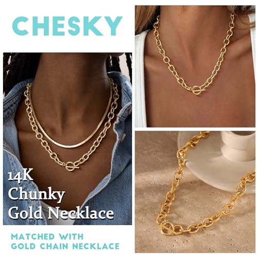CHESKY 14K Gold Plated Chunky Necklace for Women, Trendy Paperclip Chain Necklace Thick Cross Heart Pendant Necklace Layered Herringbone Cuban Link Chain Toggle Necklaces Non Tarnish Jewelry - color: gold, style: paperclip