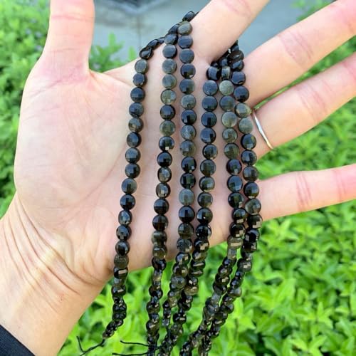 Adabele 15 Inch Natural Gold Sheen Black Obsidian Gemstone 6mm Faceted Flat Round Coin Loose Beads Gem Stone Spacer (61-66pcs) for Jewelry Making GZ13-11 - color: Gold Sheen Obsidian, size: 15 Inch/1 Strand