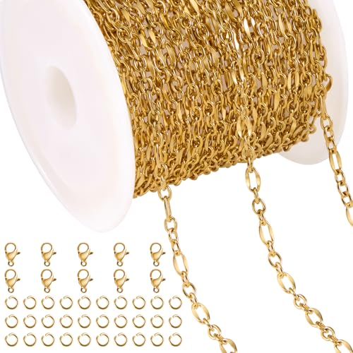Jabogrii 16.4 Feet Gold Oval Lip Chain for Jewelry Making Stainless Steel Cable Chain Bulk Roll Craft Jewelry Making - color: Lip Gold