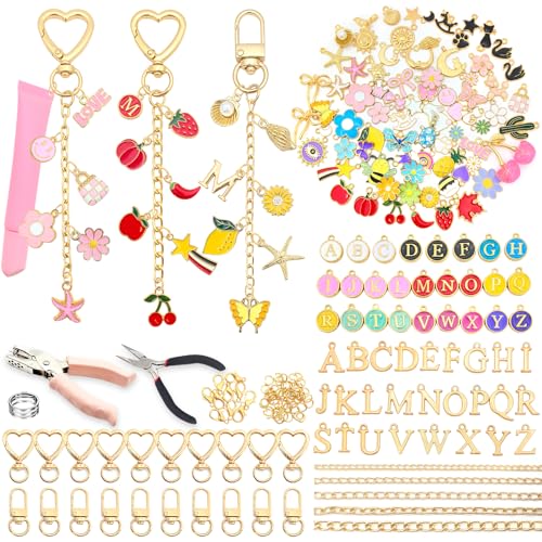 328Pcs Charms Lip Gloss Keychain Making Kit, DIY Keychain Supplies with 128 Charms, 20 Clasps, Jump Rings, Chain, Jewelry Plier, Hole Punch, Bag Charm Kit, Jewelry Making Kit for Crafting Keychains - color: Gold-328Pcs Kit