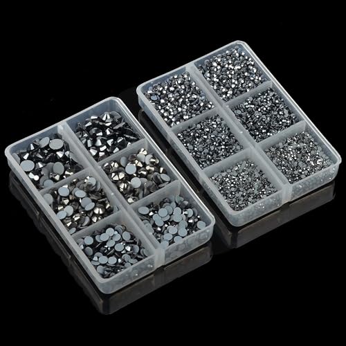 10000Pcs 2-Boxes Mixed Size Hot Fix Round Crystals Gems Glass Stones Hotfix Flat Back Rhinestones with Tweezers and Picking Pencil (Hematite Black) - color: Hematite Black, size: 2-Box (10000pcs)