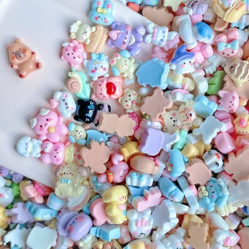 100 Pcs Pastel Animals Slime Charms Set, Bulk Cat Dog Bunny Chicken Mixed Resin Charms Set Ornament for Crafts Scrapbooking Embellishments,1X1.5CM (C)