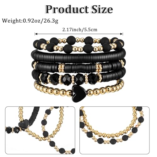 5Pcs Beaded Bracelets for Women, Bohemian Glass Faceted Crystal Beads Bracelet, Stackable Boho Disco Ball Stretch Bracelets, Multilayered Purple Jewelry Gift for Women, Mother's Day - color: Black 1