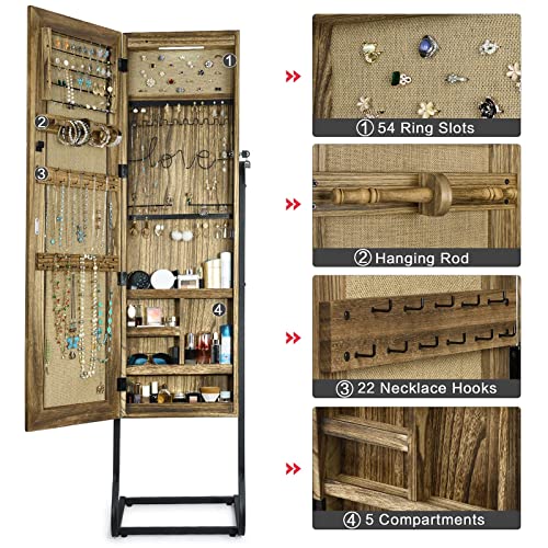 SRIWATANA Jewelry Armoire Cabinet, Solid Wood Standing Jewelry Organizer with Full Length Mirror (Carbonized Black) - color: Country Carbonized Black