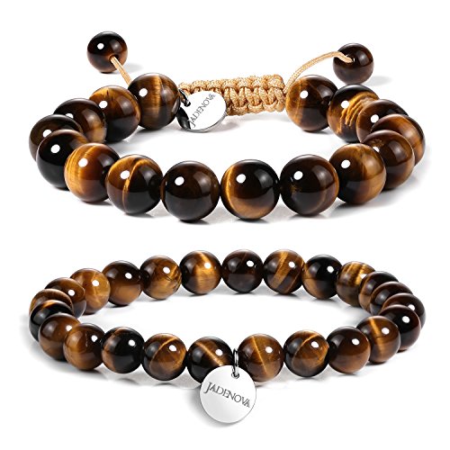 JADENOVA Natural Bead Bracelet Semi Precious Gemstone Beaded Bracelet for Women Healing Crystal Stone Stretch Bracelet Men Couple Bracelets (2pcs,6-8mm/8-10mm) - color: Yellow Tiger Eye, size: 8mm/10mm