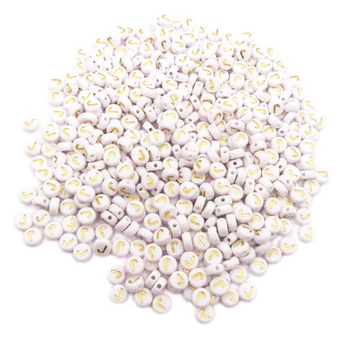 500PCS 4x7mm Acrylic Letter Beads J for Friendship Bracelets Jewelry Making, White Round Flat Acrylic with Golden Alphabet Beads for DIY Crafts Bracelets Necklaces Key Chains Phone Lanyard - color: J(Golden on White)