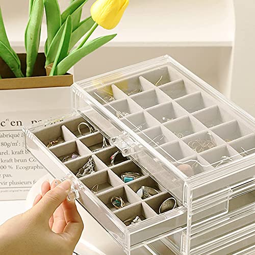 YUFONG Earring Organizer Box Acrylic Jewelry Organizer with 3 Drawers 54 Adjustable Grids Clear Stackable Earring Holder Velvet Trays Ring Display Case for Women Girls (Beige) - color: Beige