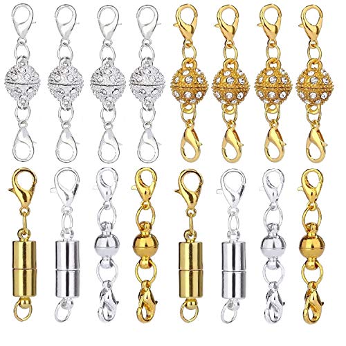 Aiskaer 16 Pcs Magnetic Lobster Clasps for Jewelry Necklace Bracelet, Rhinestone Ball and Cylindrical + Ball Tone Lobster Clasp
