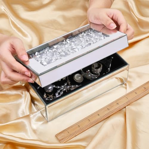 FINGERINSPIRE Glass Mirrored Jewelry Box Organizer 8.27x5.12x3.35inch Crushed Diamond Mirrored Jewelry Storage Case Rectangle Silver Diamond Organizer Box for Women Jewelry Ring Storage