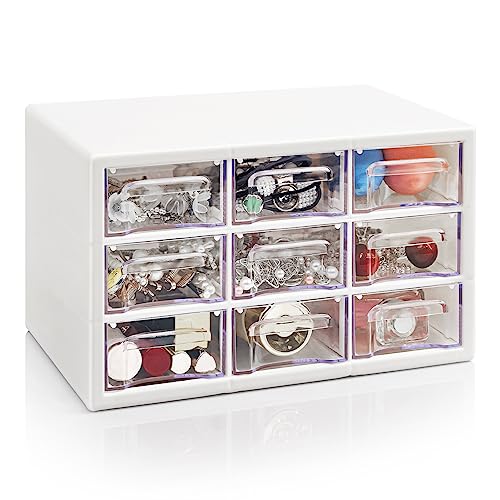 Desk Storage Organizer with 9 Drawers, FODIENS Stackable Desktop Craft Drawer Cabinet, Clear Storage Box Caddy for Makeup Jewelry Office Craft Supplies (9.84×6.3×5.9in) (White) - color: White