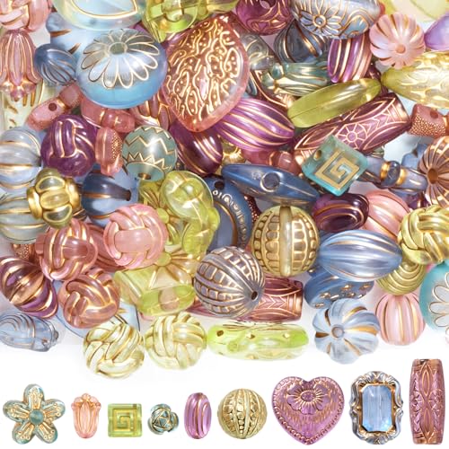 50g Baroque Acrylic Beads for Jewelry Making, Vintage Baroque Bohemia Flower Heart Butterfly Assorted Beads, Cute Gold Plating Spacer Charms Assortments for DIY Crafts- Random Colors