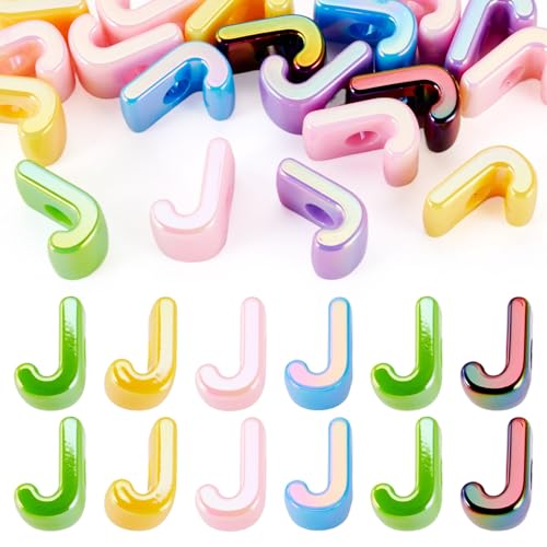 Beadthoven 20pcs Big Letter J Beads Large Hole Bubble Alphabet Acrylic Beads Charm Iridescent Plastic J Shape Loose Chunky Spacers for Jewelry Making Bracelet Necklace Keychains Shoelaces Crafts - color: J