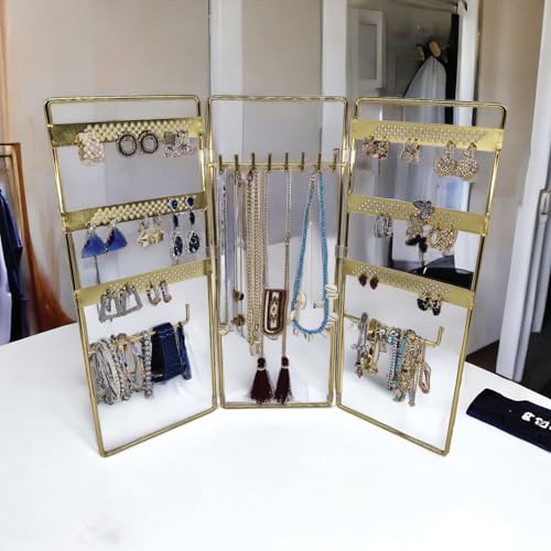 Jewelry Holder, Jewelry Organizer, folding 3 piece Jewelry Display Stand with Metal Frame, Necklace Earring Bracelet Holder, for Studs, Rings, Gift Idea, Gold, Silver, Black Color (GOLD) - color: GOLD