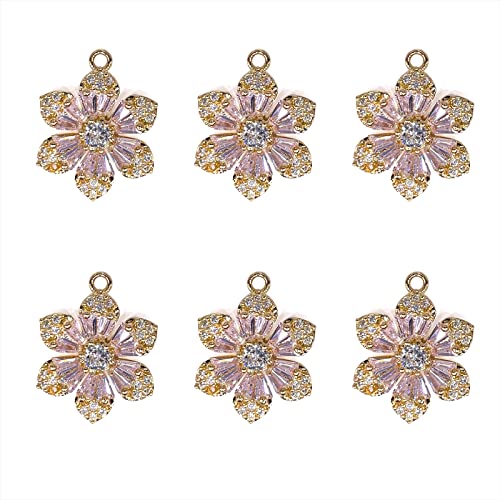 Crystal Zirconia Gold Plated Brass Charms for Jewelry Making Bracelet Necklace Earring Pendant Craft Supplies DIY Accessories - color: FlowerB-Pink-6Pcs
