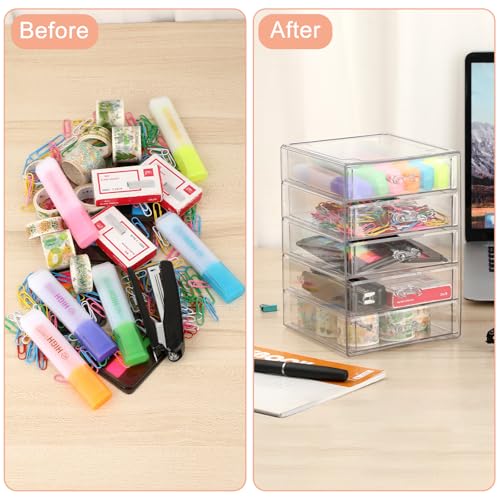 BTSKY Clear Acrylic Storage Organizer with Drawers, 5-Layer Desktop Organizer for Office Essentials, Multi-Purpose Stackable Container for Bathroom Vanity, Desk Makeup Jewelry Container Storage Box - size: 5-layer