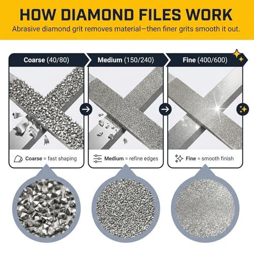 Drilax 6-Pc Diamond File Set, Flat Hand Files (40–600 Grit) Heavy-Duty Diamond Sharpening & Finishing Tools for Glass, Jewelry, Stone, Metal Precision Craft Files for DIY, Workshop & Professional Use