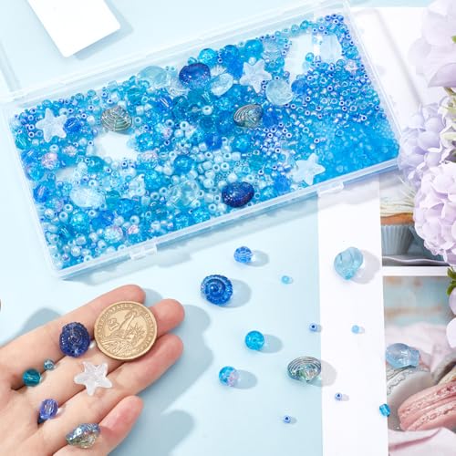SUNNYCLUE 1 Box About 3000Pcs Blue Ocean Beads Kit Summer Glass Beads Bulk Cute Small Cyan Hawaii Sea Fish Seashell Starfish Spacer Round Seed Beads for Jewelry Making Kits Bracelet Adult Women - style: Ocean 1