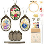 ZOCONE 3 Packs Embroidery Necklace Kit, Embroidery Pendant Kits Mini Cross Stitch Kit with Hoop, Necklace, Pendant, Beads, Stamped Pattern Cloth, Instructions, etc., Embroidery Kits for Adults - color: Gold Beads-G