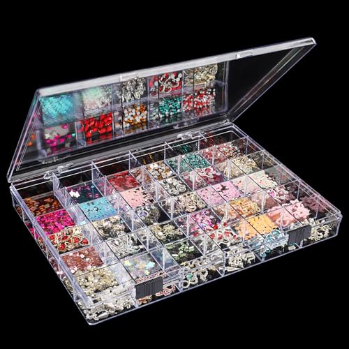 Noverlife 36 Grids Clear Plastic Jewelry Organizer Box, Nail Charm Holder Double Buckle Bead Organizer Storage Container Box, Empty Nail Box Organizer Earring Display Case Acrylic Bead Box for Women - size: 36 Grids - 1 Pack