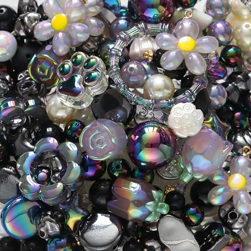 100G Assorted Acrylic Beads for Bracelet Making, Black Large Aesthetic Kawaii Beads for Keychain Phone Charms, Multi-Shapes Cute Bead for Jewelry Making, DIY Crafts, Necklace - color: Black