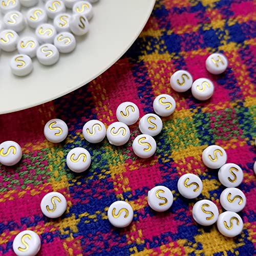 Amaney Letter Beads S 100pcs 7x4mm White Round Acrylic Gold Alphabet for Bracelet Jewelry Making - color: Gold-S