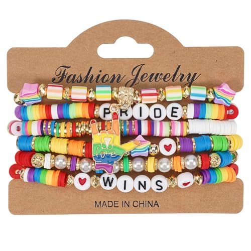 6Pcs Rainbow Clay Heishi Beads Bracelet Set for Women Men, Boho Stackable Elastic Beaded Jewelry with Pride/Wins/Love Charms, Colorful LGBTQ+ Support Accessories, Summer Beach Friendship Gifts - color: Rainbow-06
