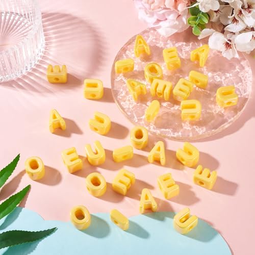 FASHEWELRY 50Pcs 20mm Big Vowel Letter Beads Golden Large Hole Acrylic Alphabet Beads for Bracelets Making, UV Plating Iridescent 3D Slider Initials Bead for Keychains Making - color: Golden