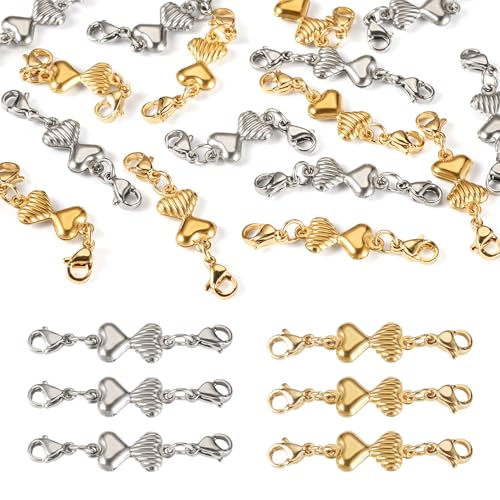 16Pcs Heart Charms Double Lobster Claw Clasps, 304 Stainless Steel Necklace Extender Bracelet Extension Clasp Closures Jewelry Connector 2 Colors for Jewelry Making Findings - color: Golden & Stainless Steel Color, Heart