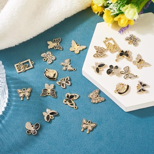 Craftdady Crystal Rhinestone Pendants Butterfly Heart Rhombus Bowknot Earring Charms Alloy Enamel Metal Pendants Light Gold Bracelet Charms for DIY Craft Necklace Jewelry Making - color: Black Butterfly