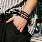 Men’s Hematite Bracelet Set Boho Multi - Tiger Eye/Matte Agate/Lava Rock Gifts for Birthday/Anniversary/Christmas - color: F03 Black Agate