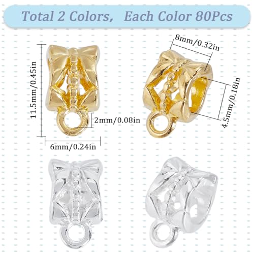 1 Box 160Pcs Gold Bail Spacer Bead Silver Tube Bails Bulk Clasp Bail Bead Charms Connector Tibetan Style Link European Alloy Loop Loose Spacer Beads for Jewelry Making Bracelet Necklace Craft - color: Gold, Silver