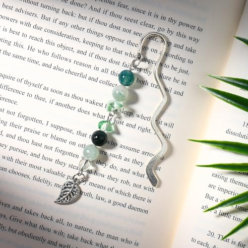 Vintage Metal Leaf Bookmark Pendant with Natural Crystal Bead Chain–Elegant Bookmarks for Women,Men,Book Lovers,Teachers and Students(Green Jade) - style: Leaf