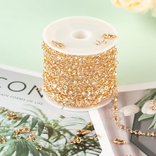 KYUNHOO 16.4 Feet Jewelry Making Supplies Set Gold Plated Brass Chain for Jewelry Craft Making Clear Beaded Necklace Chains Roll with Jump Rings Lobster Clasps - color: Clear Beaed-Gold