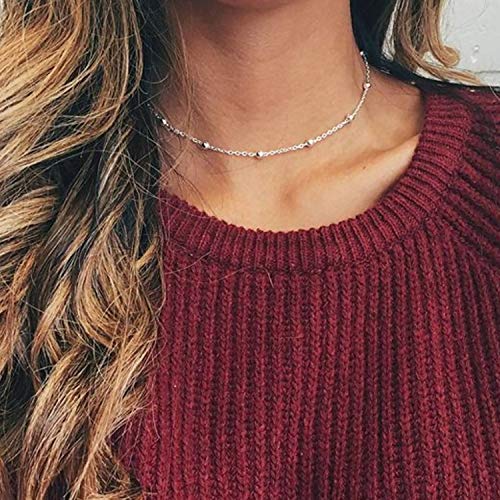 MEVECCO Dainty Gold Chain Choker Necklace 14K Gold Plated Handmade Boho Cute Tiny Beaded Link Choker Necklace Delicate Simple Minimalist Choker Necklace for Women - style: Beaded SLiver