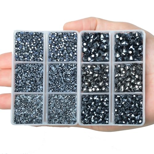 10000Pcs 2-Boxes Mixed Size Hot Fix Round Crystals Gems Glass Stones Hotfix Flat Back Rhinestones with Tweezers and Picking Pencil (Hematite Black) - color: Hematite Black, size: 2-Box (10000pcs)