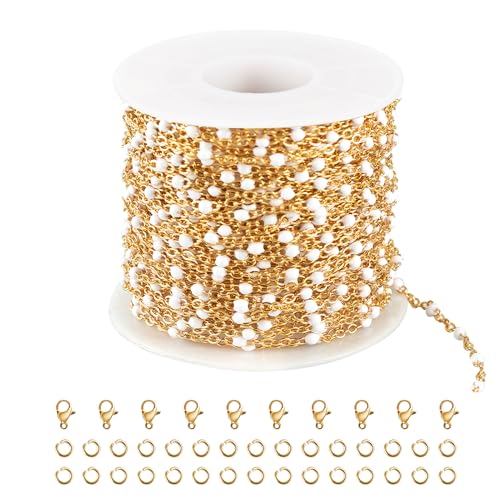 UMAOKANG 33 Feet Chains Bulk on Spool Gold Plated Stainless Steel White Bead Chain for Jewelry Making - color: Gold-White Enamel