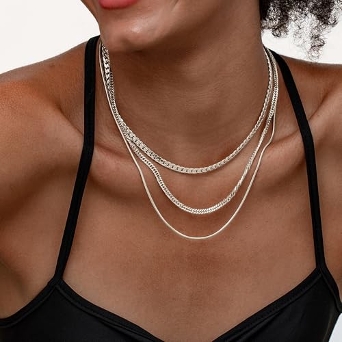 3PCS Gold Necklaces for Women,Chunky Statement Gold Plated Necklace Stack Layered Sterling Silver Herringbone Chains for Women Dainty Trendy Silver Chains Stacked Jewelry Gifts - color: silver cuban necklace set