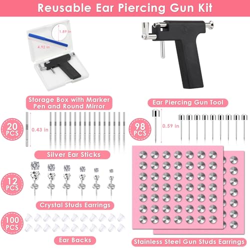 Professional Ear Piercing Gun Kit, Reusable Piercing Gun with Stainless Steel Piercing Earrings Studs, Crystal Earrings for At Home Salon Earlobe Cartilage Helix Tragus Piercing Tool Kit - color: Black