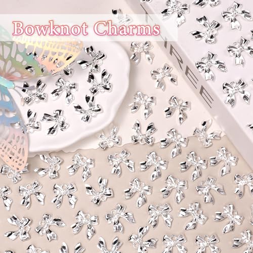 60 Pcs Alloy Silver Bow Bowknot Charms, Silver Bow Tie Pendant Charms Bulk for Jewelry, Bowknot Pendants Earring Charm Necklace Bracelets DIY Crafts Supplies - color: Set-1