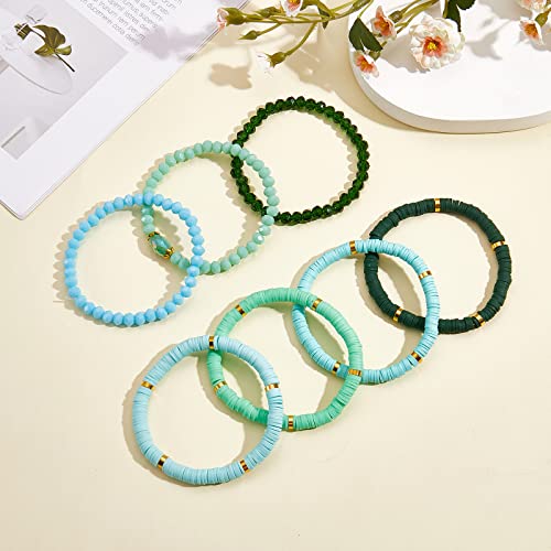 Ornaland 7Pcs Handmade Polymer Clay Heishi Surfer Stretch Bracelets Set Colorful Glass Beads Bracelets Boho Stackable Preppy Bracelets Wrist Jewelry for Women - color: Sky Blue