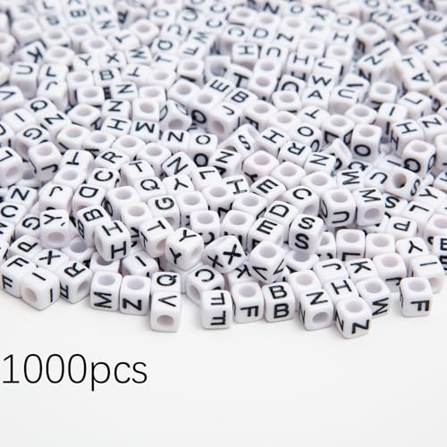 1000pcs Square White Letter Beads Acrylic 6x6mm Cube Beads for Bracelets Necklaces and Jewelry Making Alphabet Bead - color: White-Black