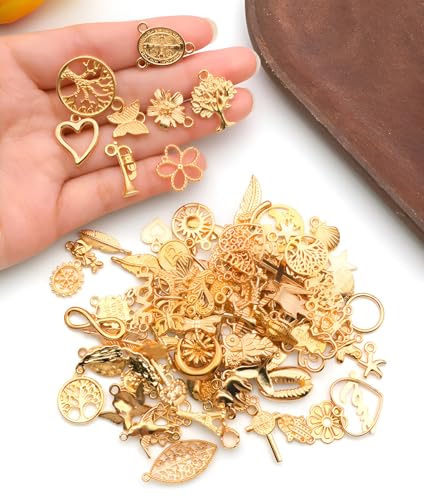 100 Pieces Jewelry Making Charms Pendants for Bracelet Bulk lot Necklace Earrings Keychain Charms Beads DIY Kit Trendy Craft - style: Gold Heart Butterfly