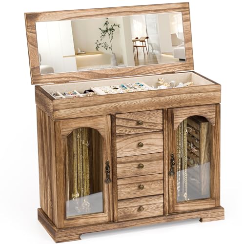 Miratino Jewelry Box for Women Girls, Rustic Wooden Jewelry Organizer Box with Mirror, 5 Layer Jewelry Storage Case Display for Necklaces Earrings Rings Bracelets Valentine's Day Gifts - color: Bronze