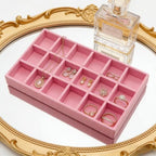 Velvet Jewelry Organizer Trays Pink Stackable Jewelry Storage Display Tray with Removable Dividers, 18 Grids - color: Pink