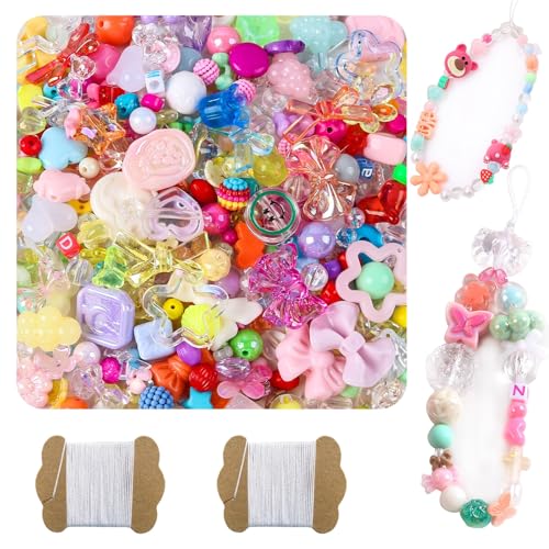 500G Assorted Acrylic Beads 600-760PCS Cute Beads for Jewelry Making 10M 0.8MM Nylon Strip Flower Star Bear Bow Aesthetic Kawaii Charms for Bracelet DIY Necklace Keychain Phone Charm-Mixed Colors - color: 500g-Colorful