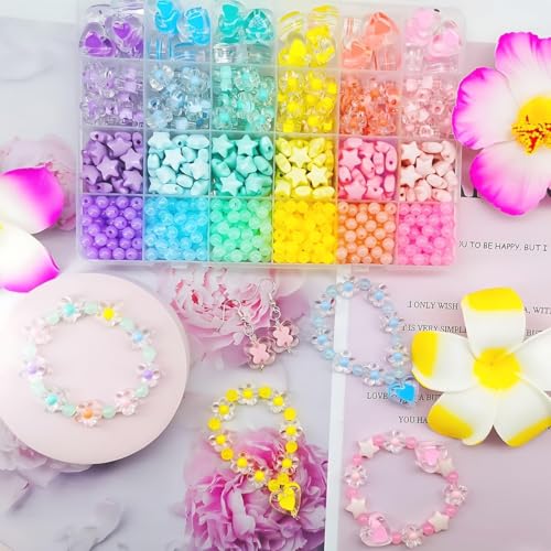 420 Adorable Acrylic Beads Set - Cute Mixed Shape Stars, Hearts, Flowers and Round Beads for DIY Jewelry, Hair Accessories and Crafts
