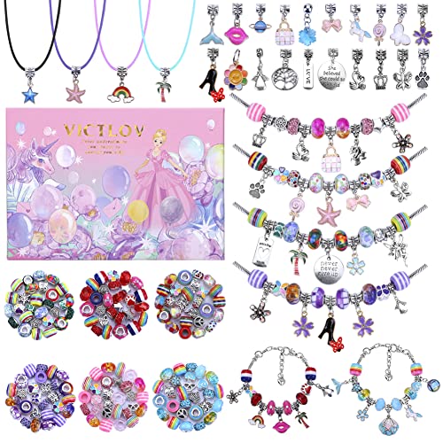 VICTLOV Charm Bracelet Making Kit, DIY Craft for Girls, Unicorn/Mermaid Crafts Gifts Set for Arts and Crafts for Girls Teens Ages 5-12 - color: Pink 126 Pieces