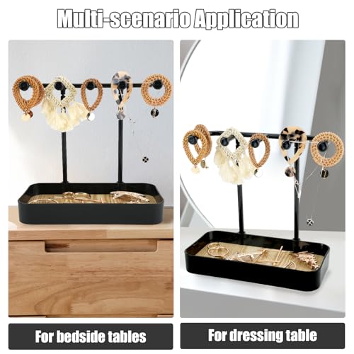 WCHOSOZH Jewelry Organizer Stand, Necklace Holder with Wooden Tray 5 Storage Hooks, Earring Holder with 5 Pcs Jewelry Bags for Bracelet,Chains,Rings,Earrings,Keys Watches,Necklaces (Black) - color: BLACK